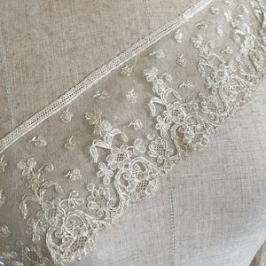 May include: Close-up of delicate ivory lace trim with floral and leaf patterns. The lace is intricately detailed with a scalloped edge and is displayed on a neutral-toned fabric background. The trim is likely used for embellishing garments or crafts.