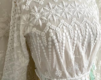 Antique Embroidered Dress Bodice Blouse Inserted Ribbon Ties