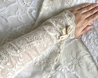 Antique Tambour Lace Reworked Sleeves w/ Silk Rosette Ribbons