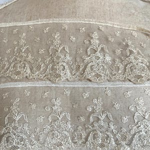 May include: Close-up of cream-colored lace fabric with floral and leaf patterns. The lace is detailed with delicate embroidery and a scalloped edge. The fabric is displayed on a mannequin.