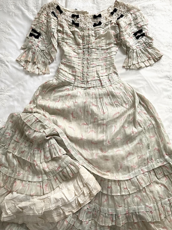 Antique Striped Sage Green Floral Dress