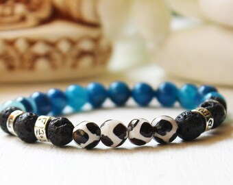 Amulet of wealth and protection.Luck bracelet of Bead Dzi a vessel of abundance and 10mm sardonyx lava beads.Magic bracelet of gemstones.