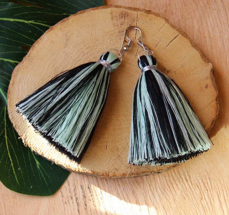 funny tassel earrings of black and light green threads two-tone tassel earrings Handmade black tassel earrings with light green