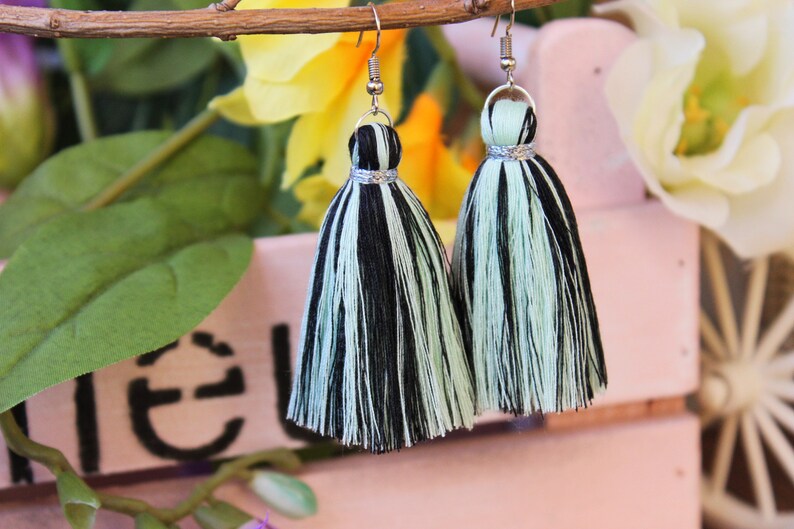 funny tassel earrings of black and light green threads two-tone tassel earrings Handmade black tassel earrings with light green