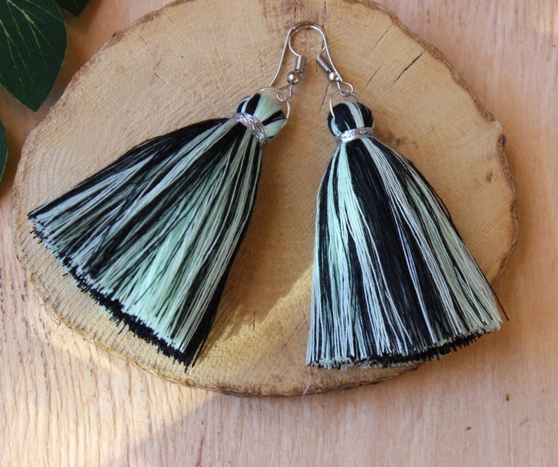 funny tassel earrings of black and light green threads two-tone tassel earrings Handmade black tassel earrings with light green