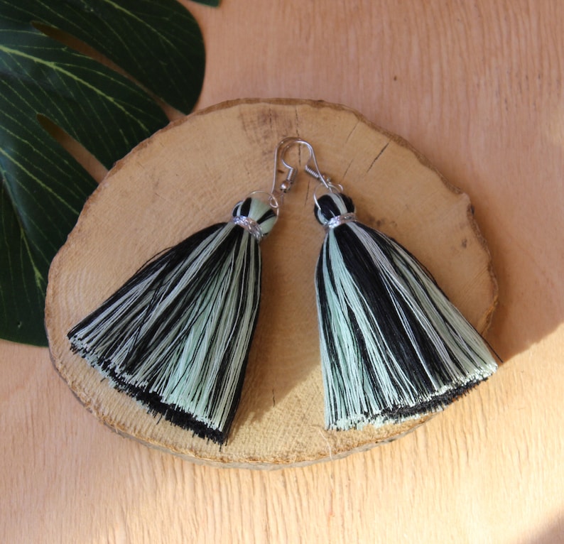 funny tassel earrings of black and light green threads two-tone tassel earrings Handmade black tassel earrings with light green