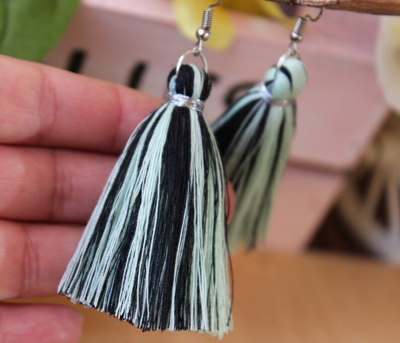 funny tassel earrings of black and light green threads two-tone tassel earrings Handmade black tassel earrings with light green