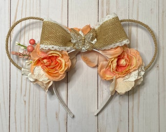 Floral Minnie Mouse Ears Headband, Coral Rope, Burlap Bow, Flower and Garden Festival Disney Ears