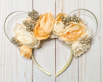 Golden Glimmer Floral Minnie Ears, Peach Flower Crown