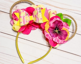 Floral Mouse Ears, Lemon Bow, Flower Garden Headband