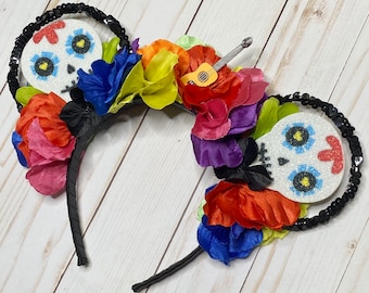 Dia De Los Muertos Minnie Ears, Floral Sugar Skull Headband, Mexico Mickey Ears