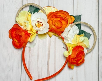 Floral Minnie Mouse Ears Headband, Floral Mickey Ears, Flower and Garden Minnie Ears, Dearest Lemonade Ears, Orange Bird Disney Ears