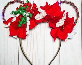 Floral Christmas Mickey Ears Headband, Holiday Poinsettia Lights