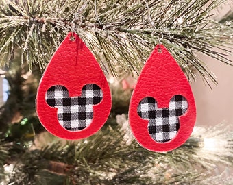 Mickey Mouse Christmas Earrings, Red Faux Leather Buffalo Plaid