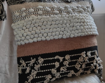 Boho Pillow Cover Textured 18x18, Trendy Scandinavian Throw with Tufted Accents, Bohemian Handwoven Pillows, Neutral Farmhouse Home Decor