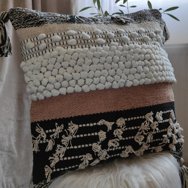 Boho Pillow Cover Textured 18x18, Trendy Scandinavian Throw with Tufted Accents, Bohemian Handwoven Pillows, Neutral Farmhouse Home Decor