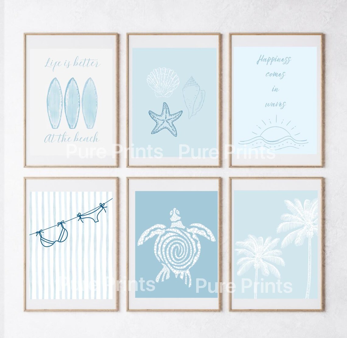 Beachy Coastal 6 Piece Set of Wall Art, Aesthetic Light Blue Themed, 6 ...