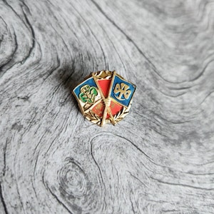 May include: A gold-colored pin with three crossed flags. The flags are blue, red, and green with a four-leaf clover design.