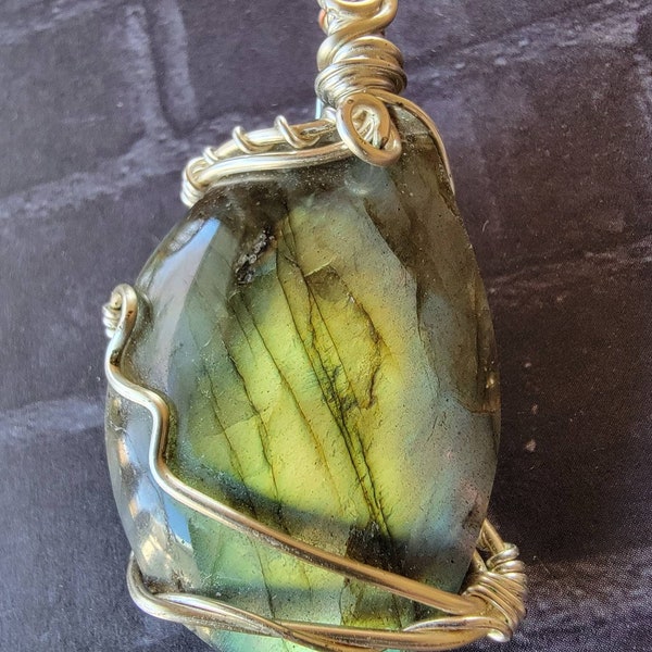 Natural Labradorite 925 Sterling Silver Wire Wrapped Necklace Pendant Handmade Resale