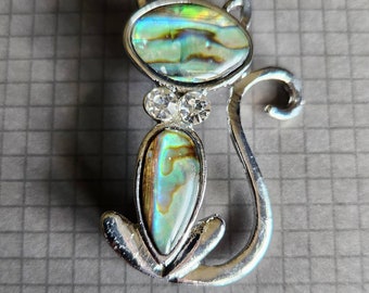 Silver Cat Brooch Pin CZ Mother Of Pearl Resale