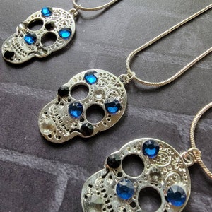 Silver Skull Dia De Los Muertos Swarovski Crystal Accented Pendant Necklace Handmade