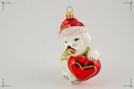 White Dog With Heart Christmas Tree Decoration Blown Glass Etsy