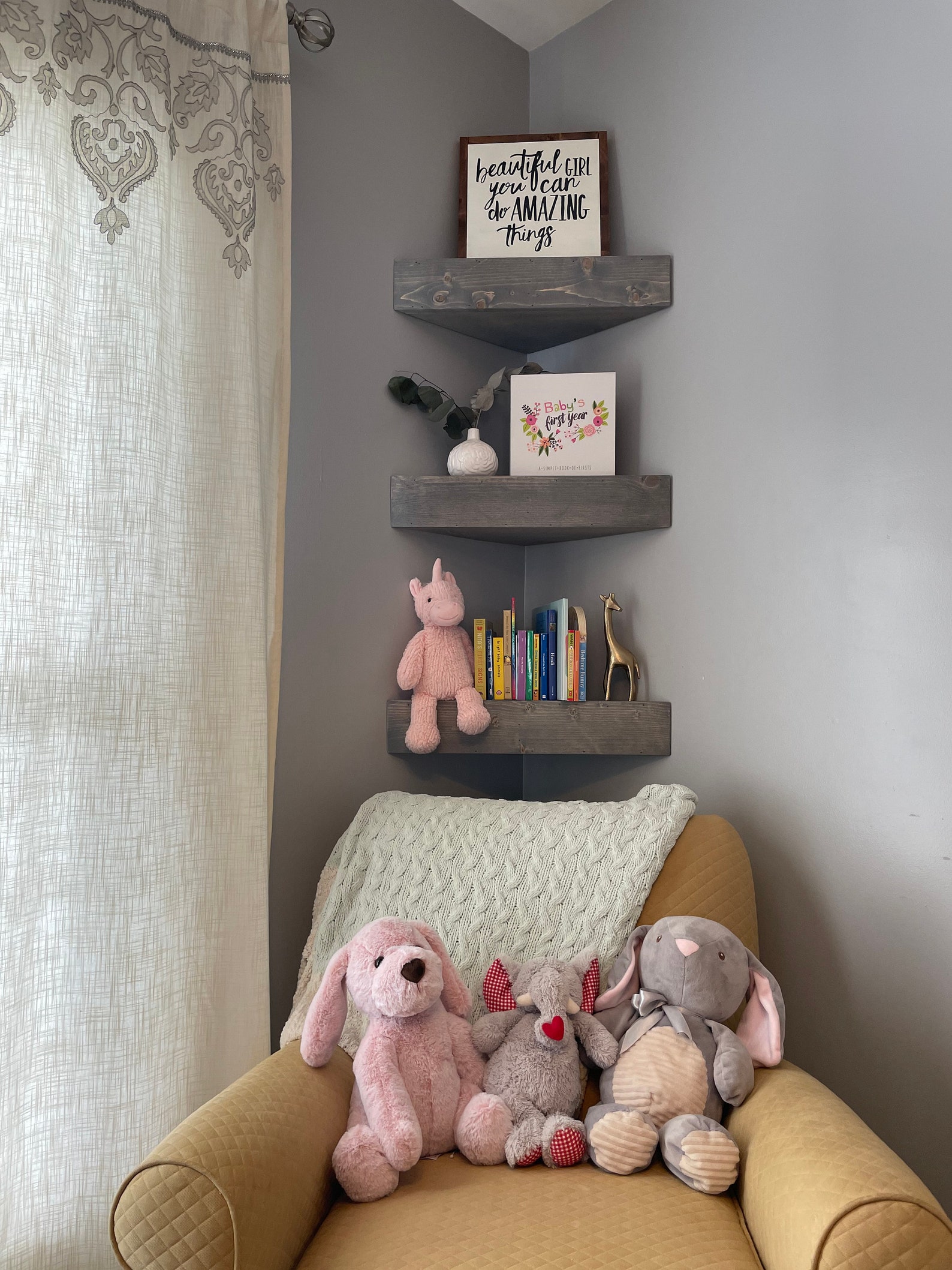Nursery Shelves, Corner Nursery Bookshelf, Floating Corner Shelves