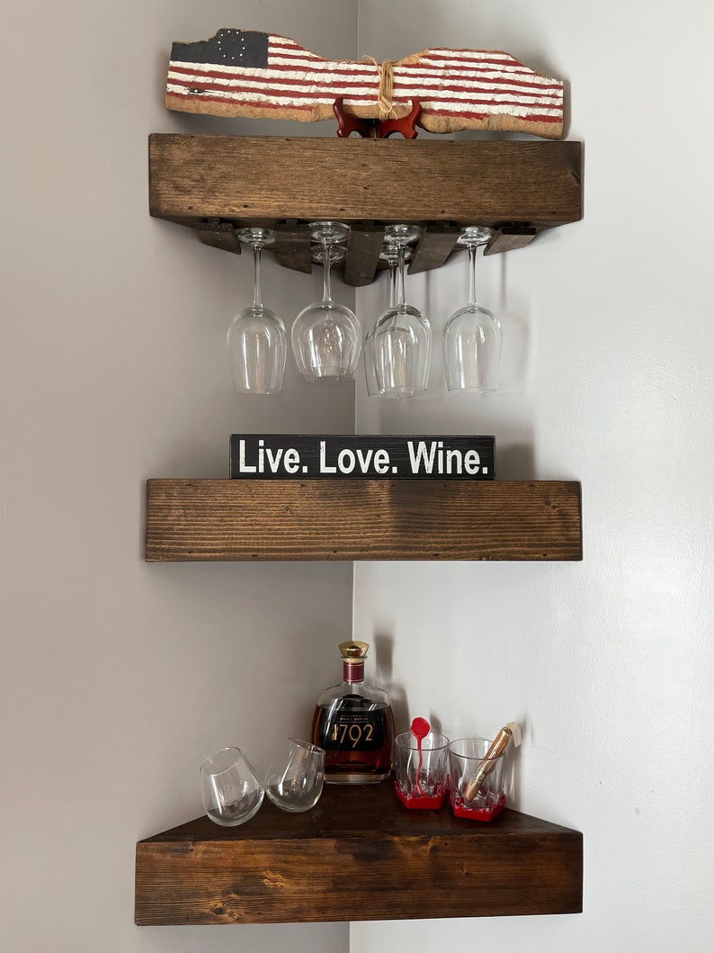 Rustic wood wine rack, Wine rack, corner wine rack, floating wine rack, wall wine rack, corner shelf, kitchen wine rack, wood wine rack, image 2