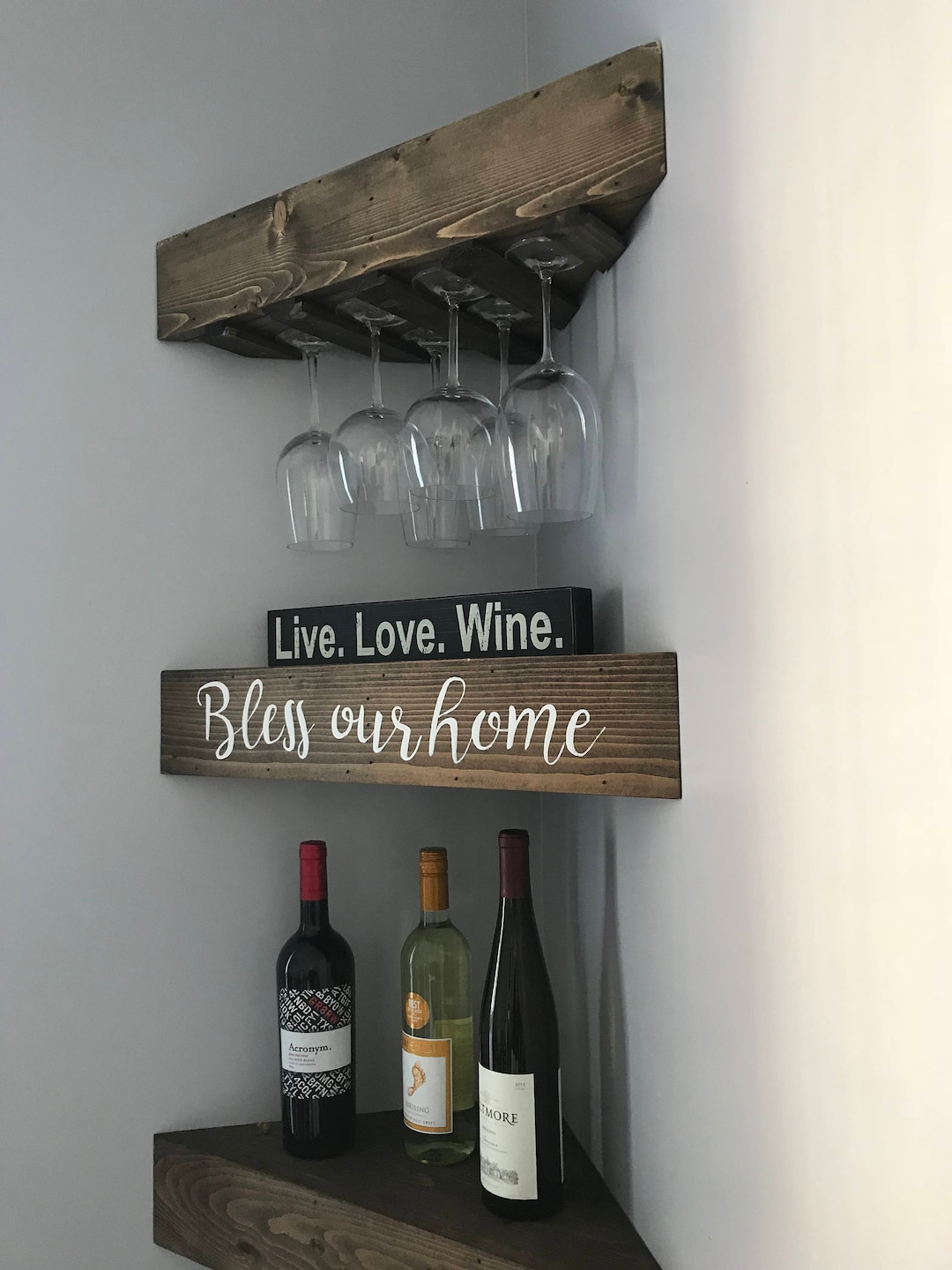 Rustic Corner Wine Rack: Handmade Wood Shelf With Glass Holder Hong  Kong