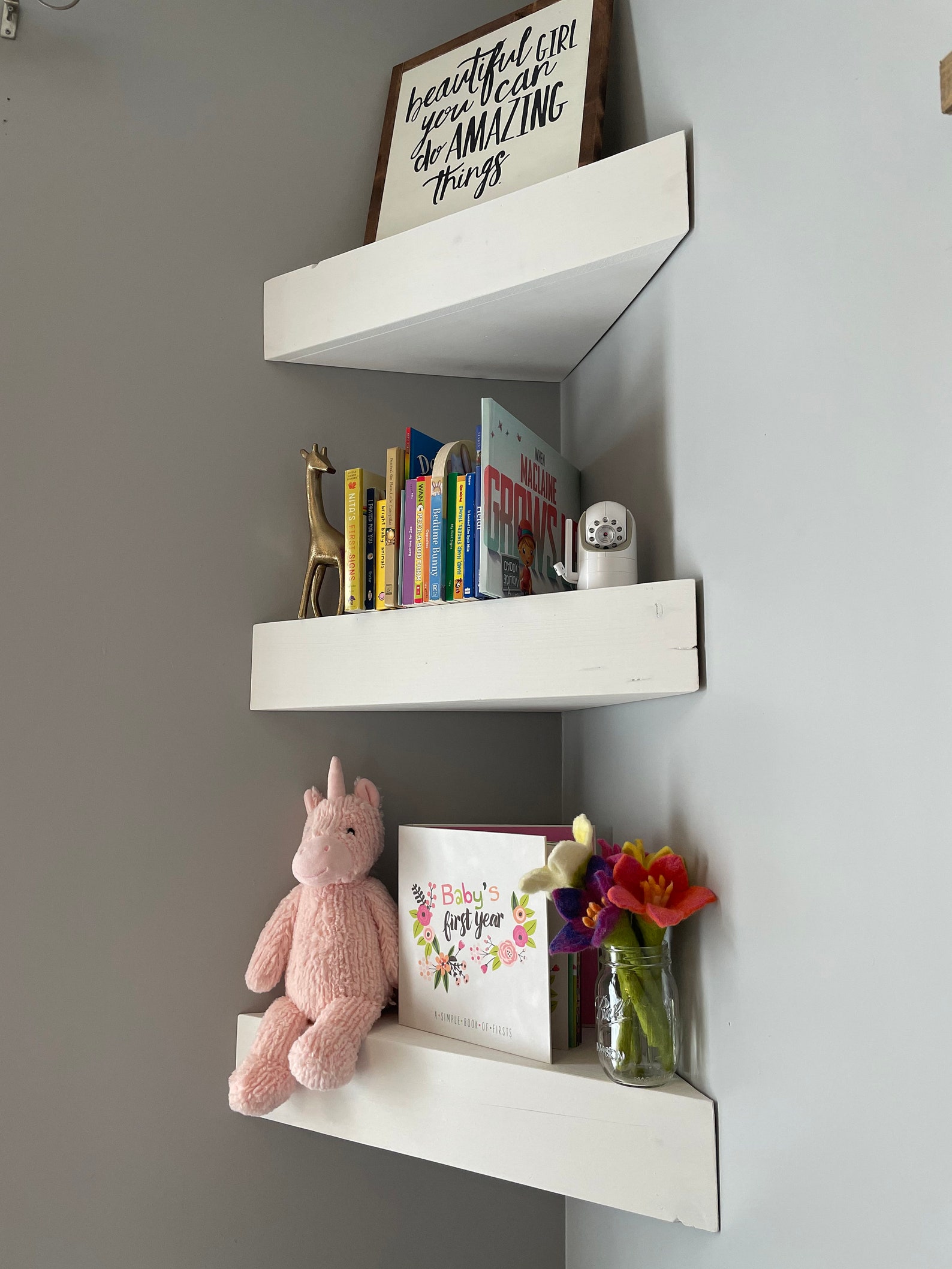 Nursery Shelves, Corner Nursery Bookshelf, Floating Corner Shelves
