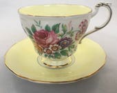 Paragon Yellow Teacup and Saucer, Floral Bouquet, Double Warrant