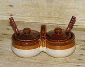 Brown Glazed Stoneware Condiment Server Stoneware Double Crocks with Lids Boho Chic Sugar Salt Bowls Mid Century Farmhouse
