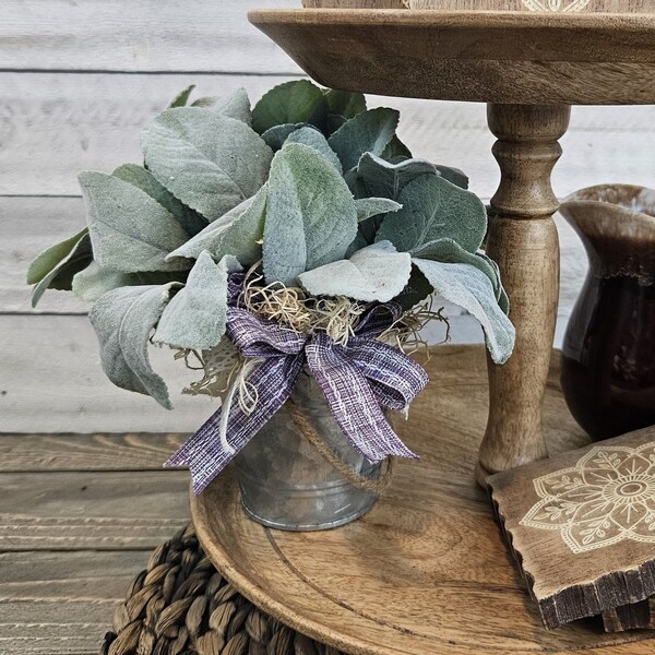 Ready to Ship / Artificial Lamb's Ear / Farmhouse / Galvanized Tin / Bucket / Tiered Tray Decor / Lavender and Lace / Greenery / Plant