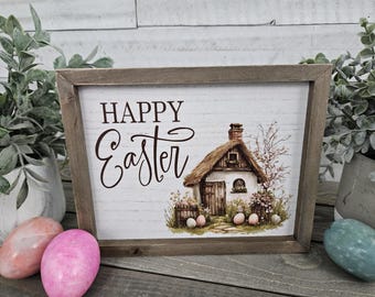 Farmhouse framed wood wall sign / Happy Eater / Barnwood / 8"x10"/ Rustic / Distressed / Easter Bunny / Egg Hunt / Country decor