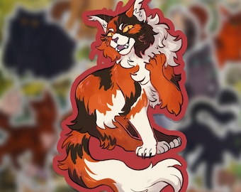 May include: A sticker featuring a calico cat with orange, brown, and white fur, outlined in red. The cat is in a sitting position, with one paw raised. The background is filled with other cat-themed stickers.