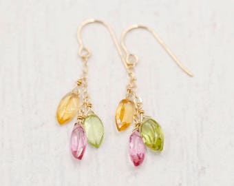 Dangle Peridot, Citrine, and Pink Topaz Earrings 14k Solid Gold - Sparkle Marquise Cut