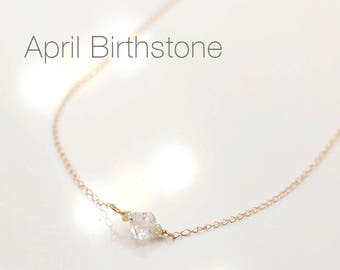 14K Yellow Gold Necklace, 14k Rose Gold Necklace,  Herkimer Diamond Necklace - April Birthstone - Dainty Necklace - Yellow Diamond