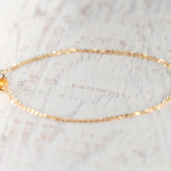 Citrine Bracelet, 14K Solid Gold, Sterling Silver, Single/Double/Triple Chain,  Minimalist, Birthstone Bracelet,  November Birthstone