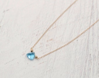 14k Solid Gold Blue Topaz Necklace -14k Yellow Gold - 14K Rose Gold - Dainty necklace -December Birthstone - Trilliant cut Blue Topaz