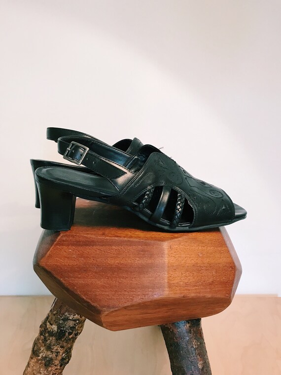 90's Square Toe Black Leather Sandals UK6