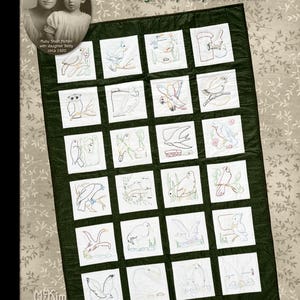 May include: A green fabric quilt with a white background featuring a variety of embroidered birds. The quilt is divided into 20 squares, each containing a different bird design. The quilt is titled "Bird Life/Audubon Quilt" and is designed by Ruby Short McKIm.