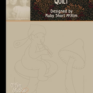 May include: A black and white line drawing of Peter Pan sitting on a mushroom, playing a flute. The drawing is on a beige background with the text "Peter Pan Quilt" and "Designed by Ruby Short McKim" in black.