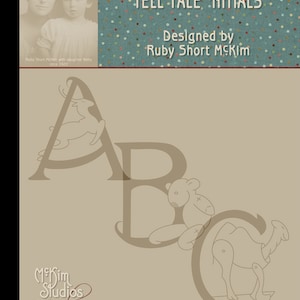 May include: A vintage illustration of the letters A, B, and C with animal designs. The A is a deer, the B is a bear, and the C is a camel. The letters are in a brown colour on a beige background. The text "ANIMAL ALPHABET: TELL TALE INITIALS" is at the top of the image. The text "Designed by Ruby Short McKim" is below the letters. The text "McKim Studios revival RUBY SHORT MCKIM" is at the bottom of the image.