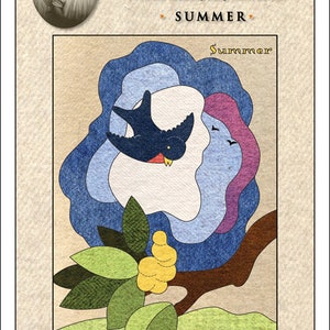 May include: A summer-themed appliqué panel featuring a bluebird flying above a stylised flower with yellow, green, and blue petals. The panel is 6 inches by 8 inches and is part of a series of four seasonal panels. The text "Summer" is printed in the upper right corner of the panel.