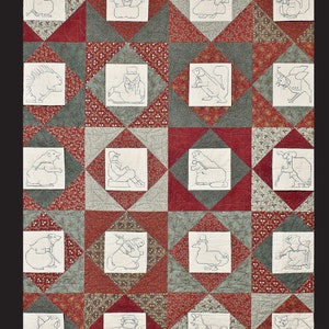 May include: A quilt block pattern titled "Ruby's Celebration Daybook". The quilt block features a grid of 20 squares with various animal illustrations in each square. The animals include a squirrel, rabbit, owl, hedgehog, and more. The quilt block is made with a red, white, and grey fabric.