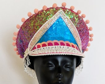 The Michelle pompom holographic pearl jeweled captain's hat / burning man military rave party festival hat