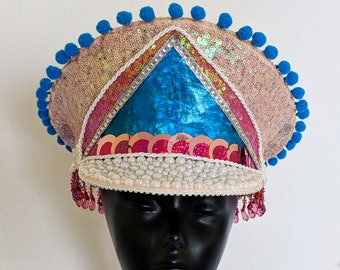 The Mindy custom pompom holographic pearl jeweled captain's hat / burning man military rave party festival hat