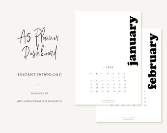 Printable A5 2026 Bold Monthly Calendar Series - Planner Dashboard - SUNDAY Start - Printable Planner Dashboards