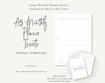 Printable A5 Undated Monthly Planner Inserts - M01P Printable Planner Inserts