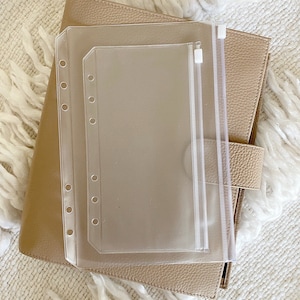 May include: A beige leather planner with clear plastic inserts. The planner has a textured surface and a snap closure. The inserts include a zippered pouch and several binder pockets. The items are arranged on a white, textured surface.